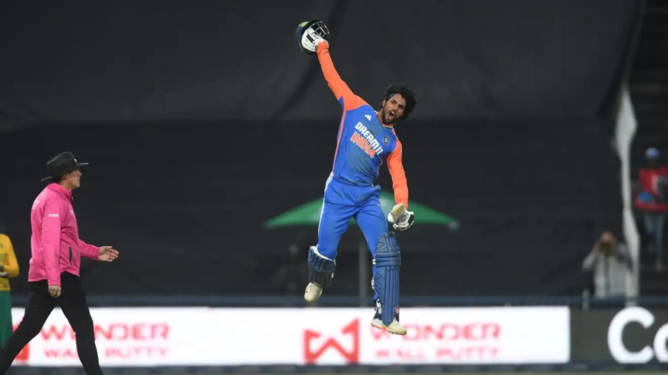 Tilak Varma celebrates a T20I century