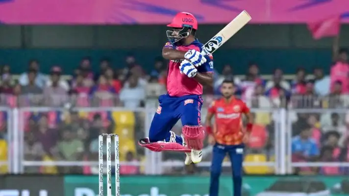 Sanju Samson hits the ball in the IPL