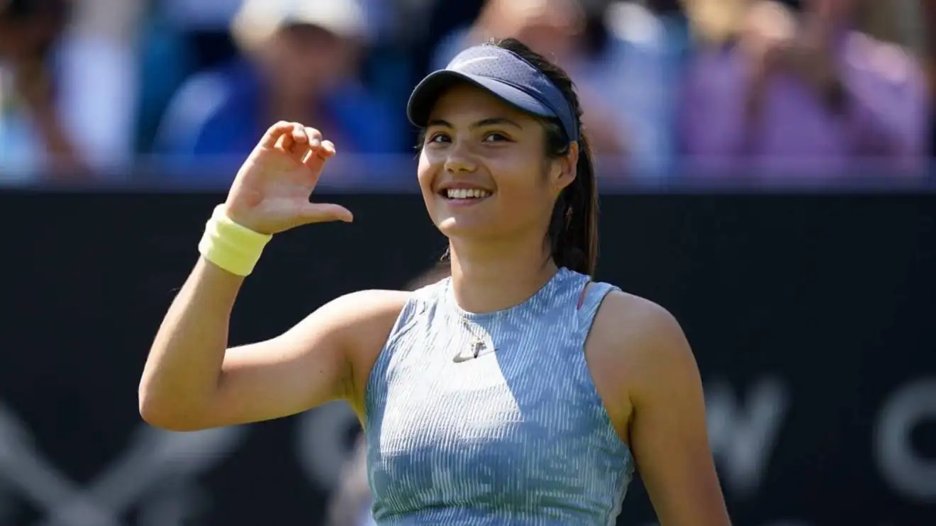 Emma Raducanu celebrates at the 2024 Eastbourne International