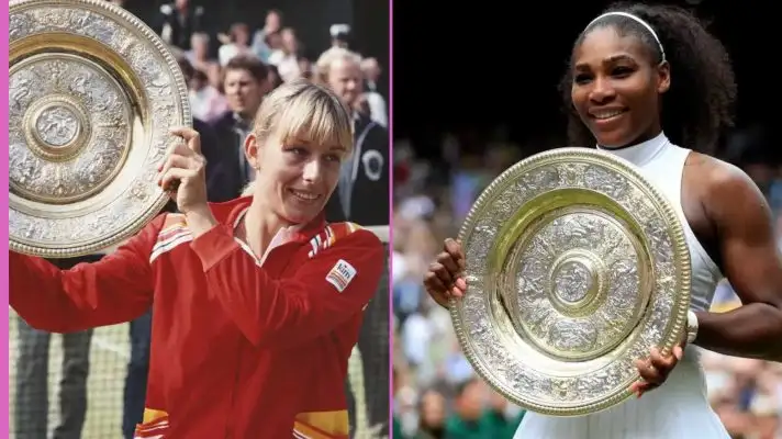 Martina Navratilova and Serena Williams with Wimbledon trophies