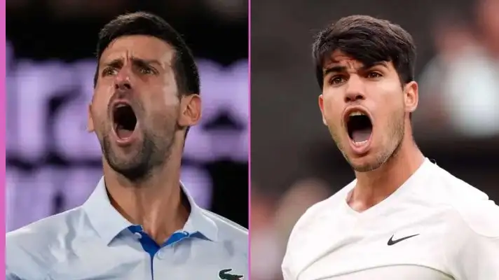 Novak Djokovic and Carlos Alcaraz screaming