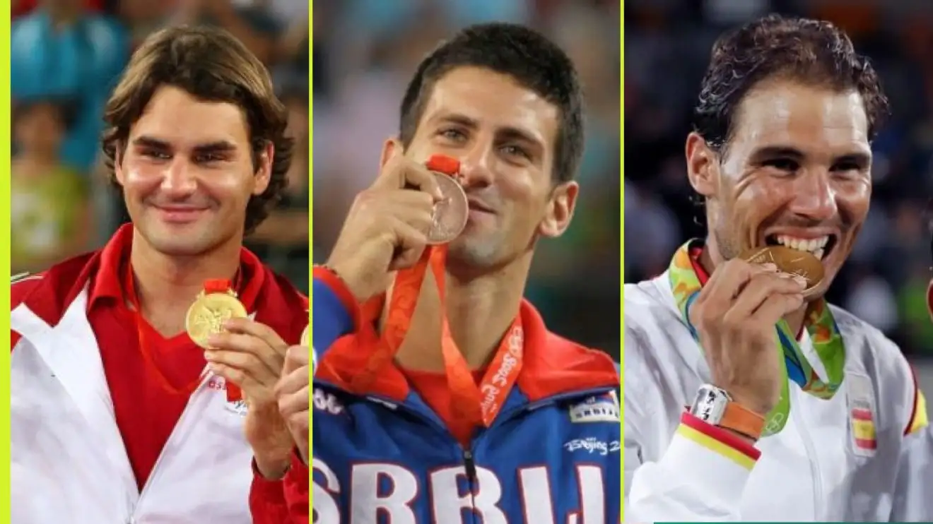 Roger Federer, Novak Djokovic, and Rafael Nadal with Olympic medals