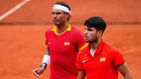 Rafael Nadal and Carlos Alcaraz in doubles action at the Paris Olympics