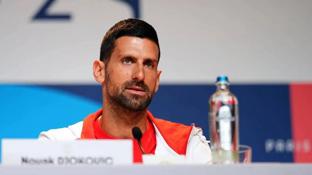 Novak Djokovic speaks at a press conference at the 2024 Olympics in Paris