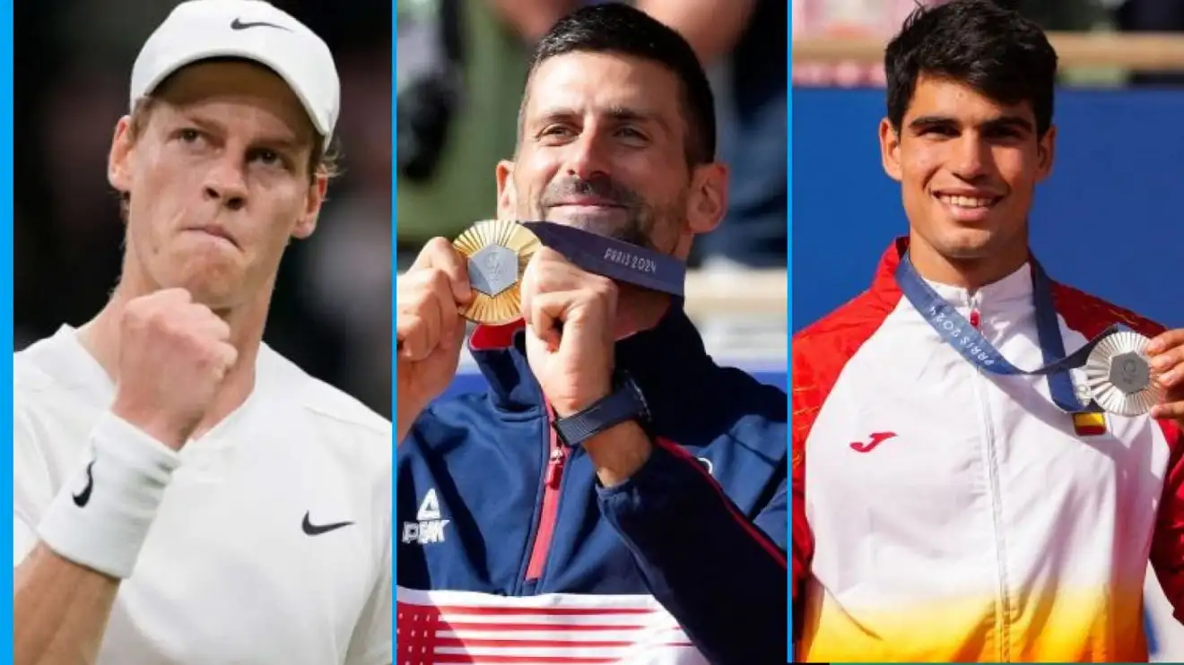 (L-R) Jannik Sinner, Novak Djokovic, and Carlos Alcaraz