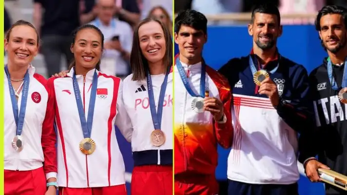 (LR) women's podium Donna Vekic, Zheng Qinwen, Iga Swiatek, and men's podium Carlos Alcaraz, Novak Djokovic, Lorenzo Musetti