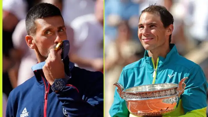 Novak Djokovic with his 2024 Olympic gold medal; Rafael Nadal with his 2022 French Open trophy