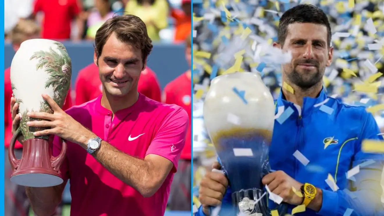 (L-R) Roger Federer and Novak Djokovic with the Cincinnati Open title in 2015 and 2023 respectively