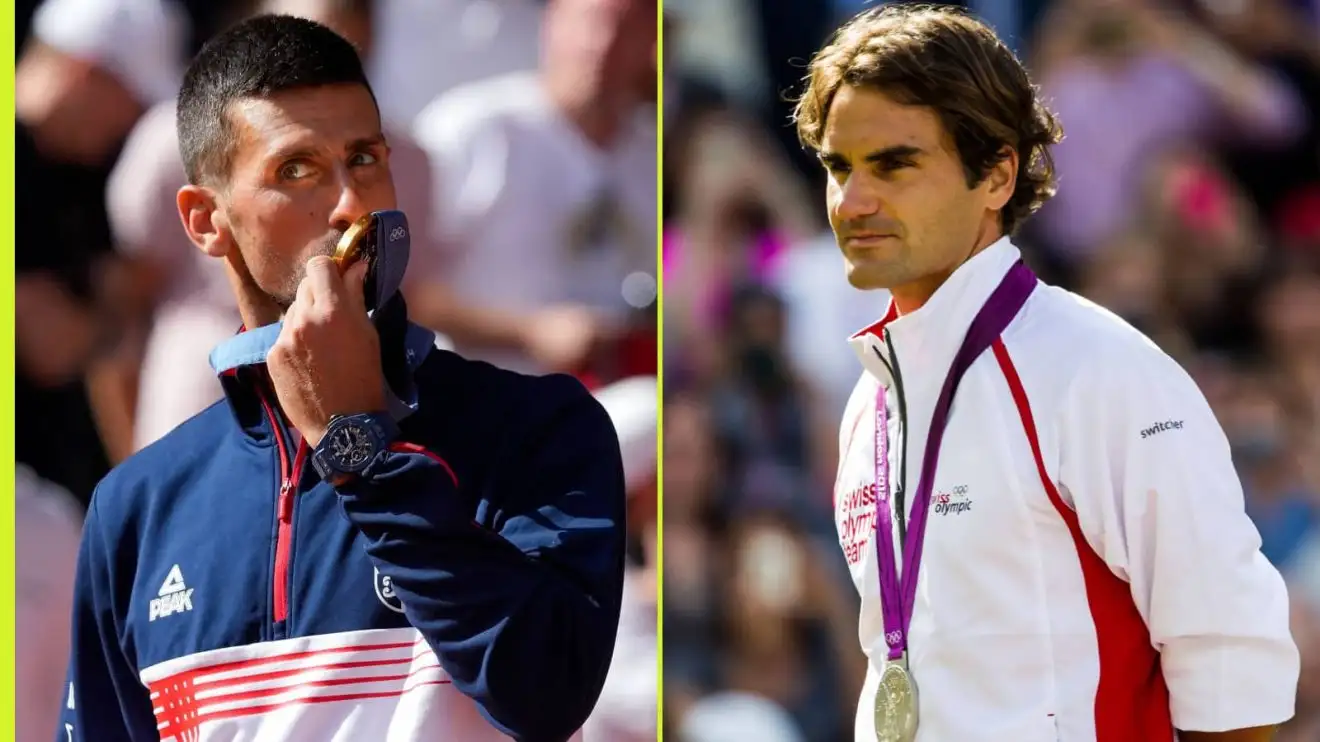 Novak Djokovic and Roger Federer with Olympic medals