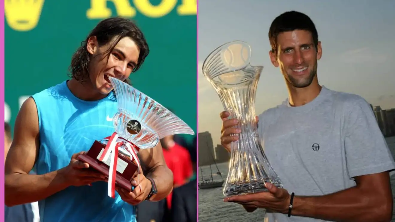 (L-R) Rafael Nadal and Novak Djokovic celebrate winning Masters 1000 events in Monte Carlo and Miami