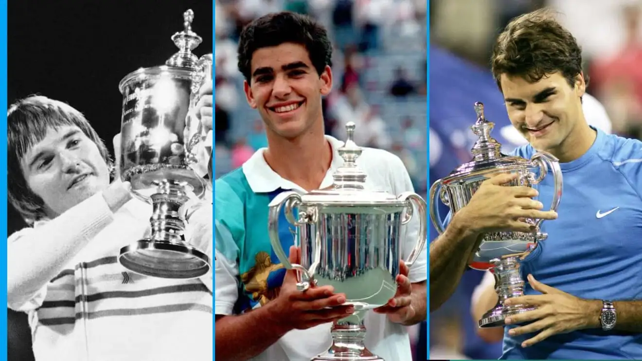 Jimmy Connors, Pete Sampras and Roger Federer celebrate winning the US Open