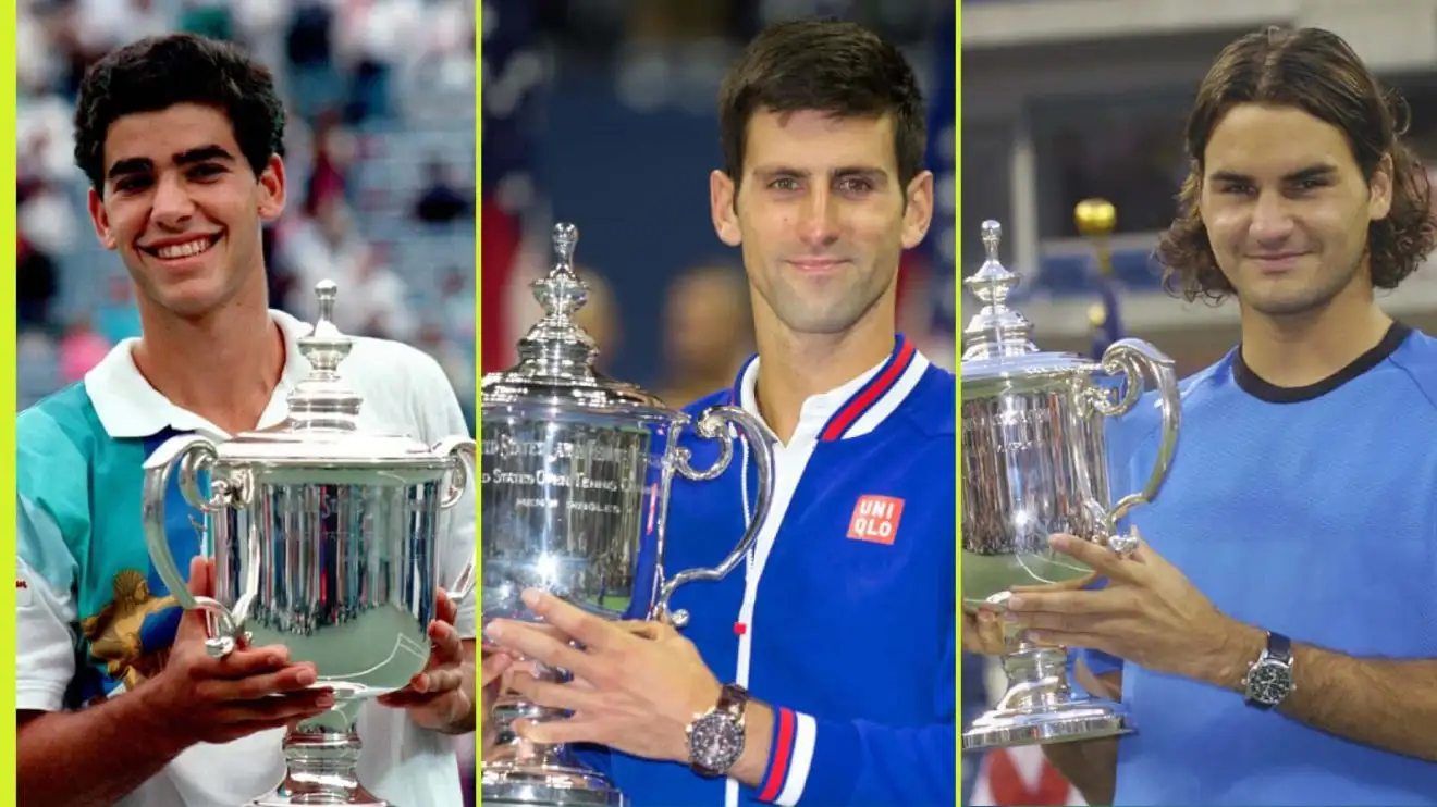 Pete Sampras, Novak Djokovic and Roger Federer celebrate winning the US Open