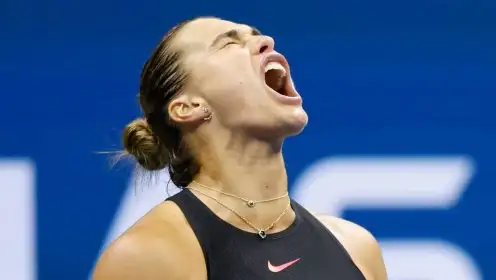 Aryna Sabalenka celebrates during her US Open win over Emma Navarro