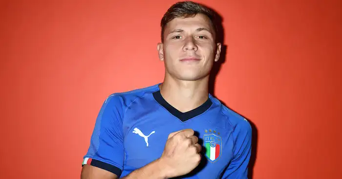 FLORENCE, ITALY - SEPTEMBER 04: Nicolo Barella of Italy poses during the official portrait session at Centro Tecnico Federale di Coverciano on September 4, 2018 in Florence, Italy. (Photo by Claudio Villa/Getty Images)