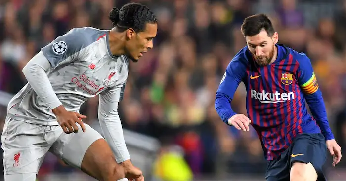 BARCELONA, SPAIN - MAY 01: Virgil van Dijk of Liverpool looks on as Lionel Messi of Barcelona controls the ball during the UEFA Champions League Semi Final first leg match between Barcelona and Liverpool at the Nou Camp on May 01, 2019 in Barcelona, Spain. (Photo by Michael Regan/Getty Images)