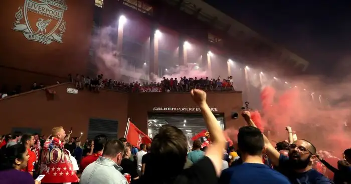 Liverpool fans celebrate outside Anfield win Premier League