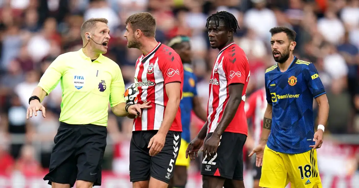 Craig Pawson, Jack Stephens, Mohammed Salisu and Bruno Fernandes