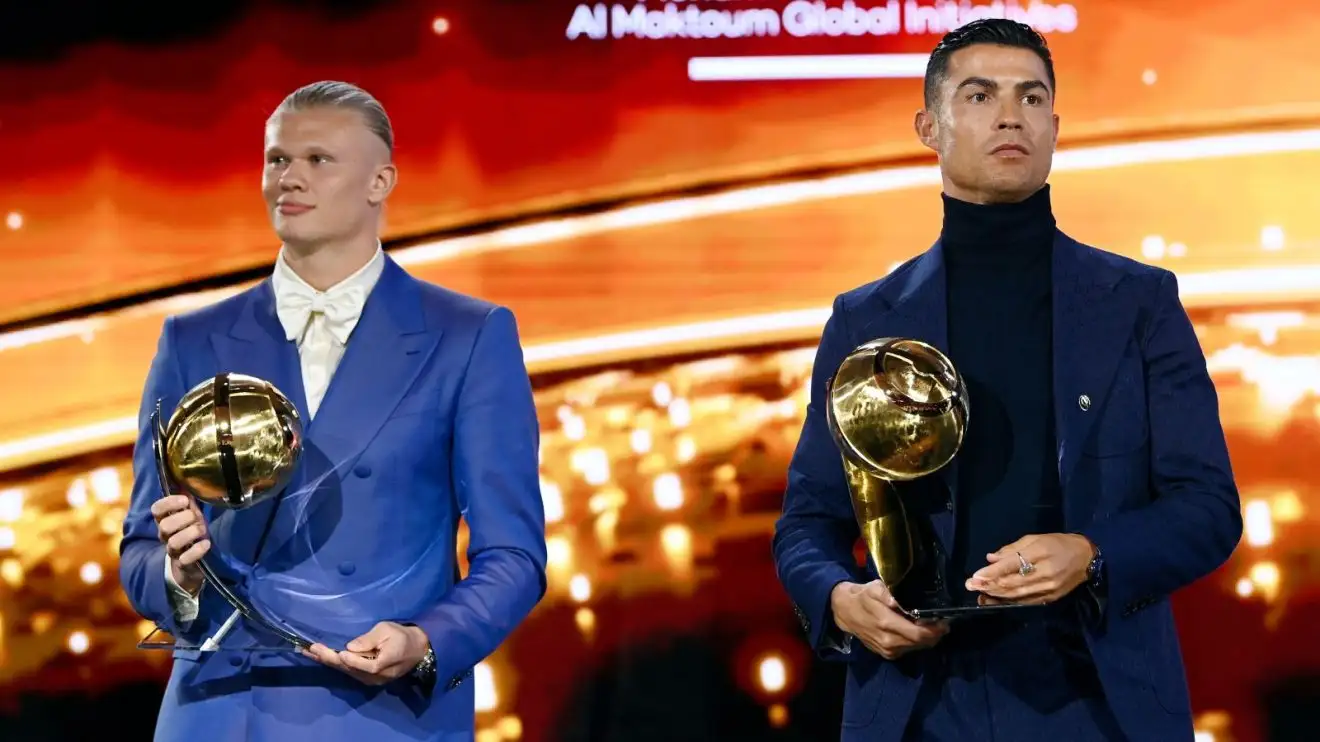 Manchester City forward Erling Haaland and Manchester United icon Cristiano Ronaldo at an awards ceremony