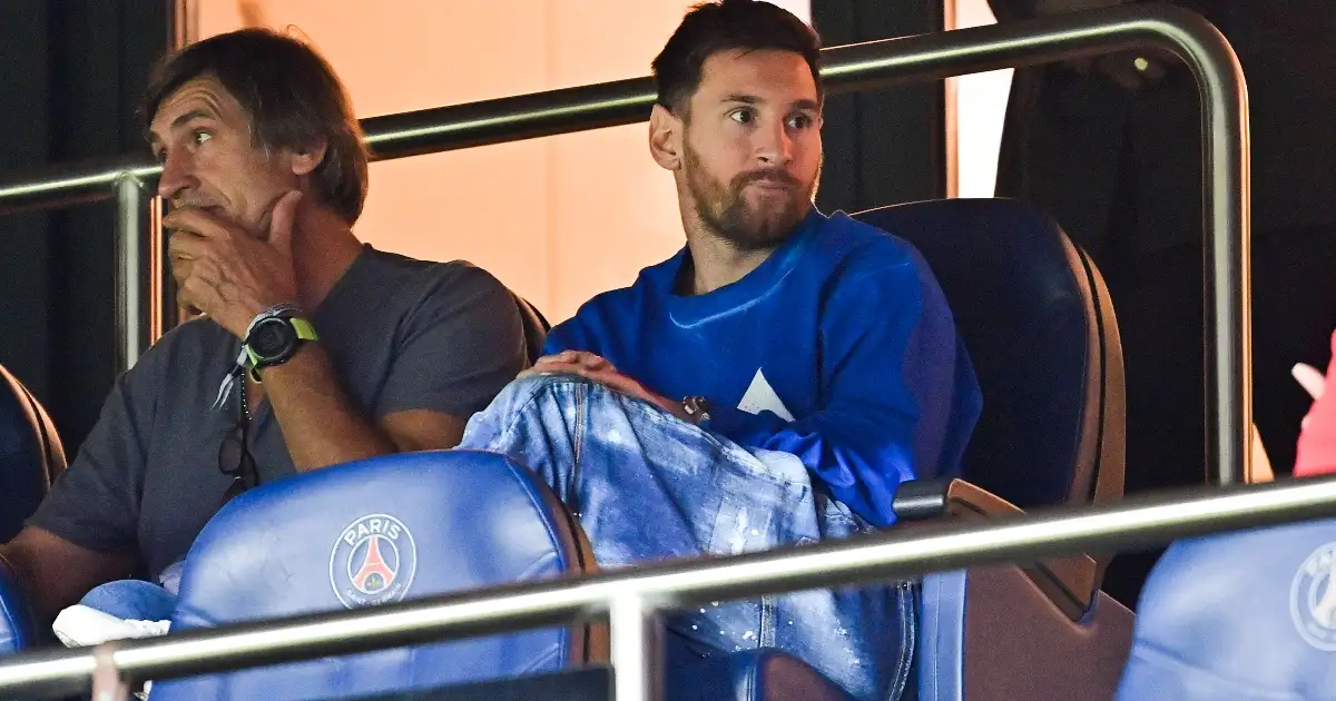 PSG forward Lionel Messi watches from the stands