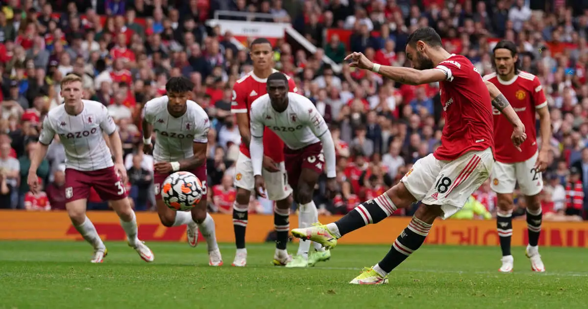Bruno Fernandes of Manchester United misses a penalty against Aston Villa.