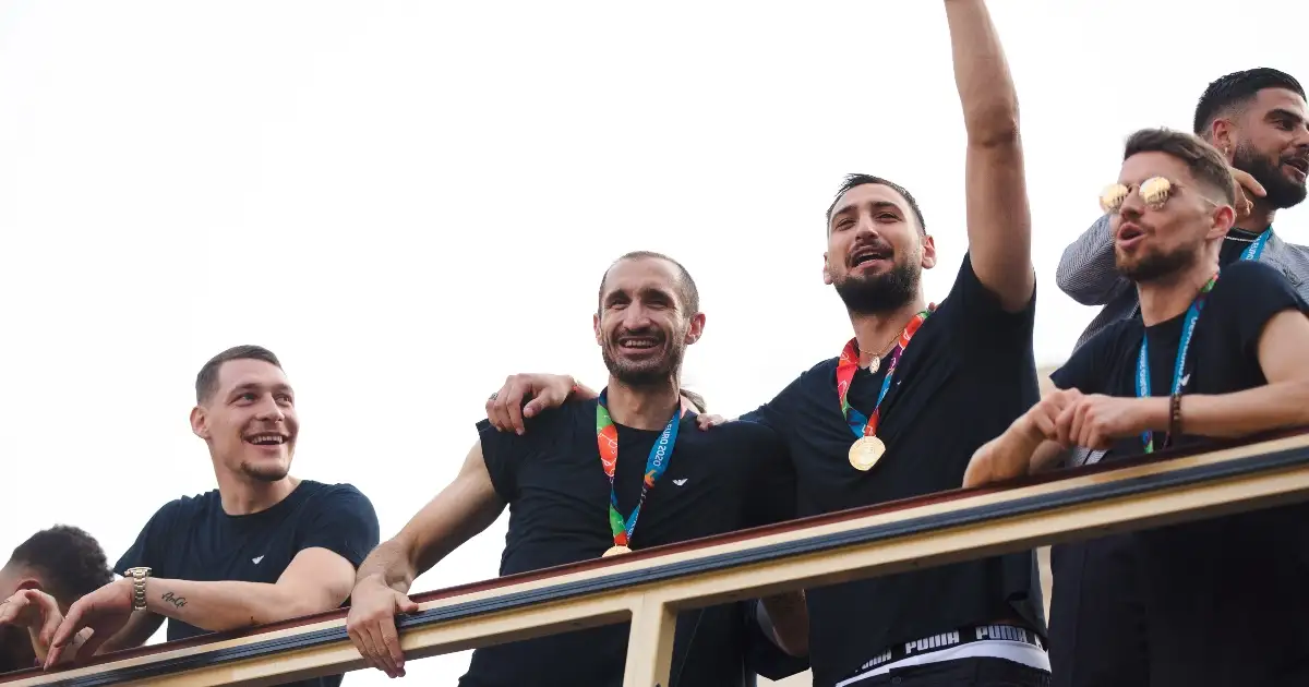 Jorginho, Giorgio Chiellini, Gianluigi Donnarumma and Andrea Belotti celebrate their Euro 2020 win
