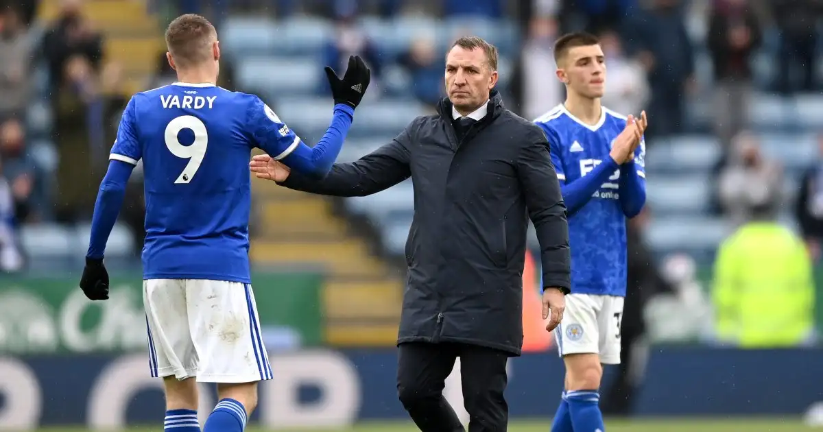 Brendan Rodgers and Jamie Vardy of Leicester