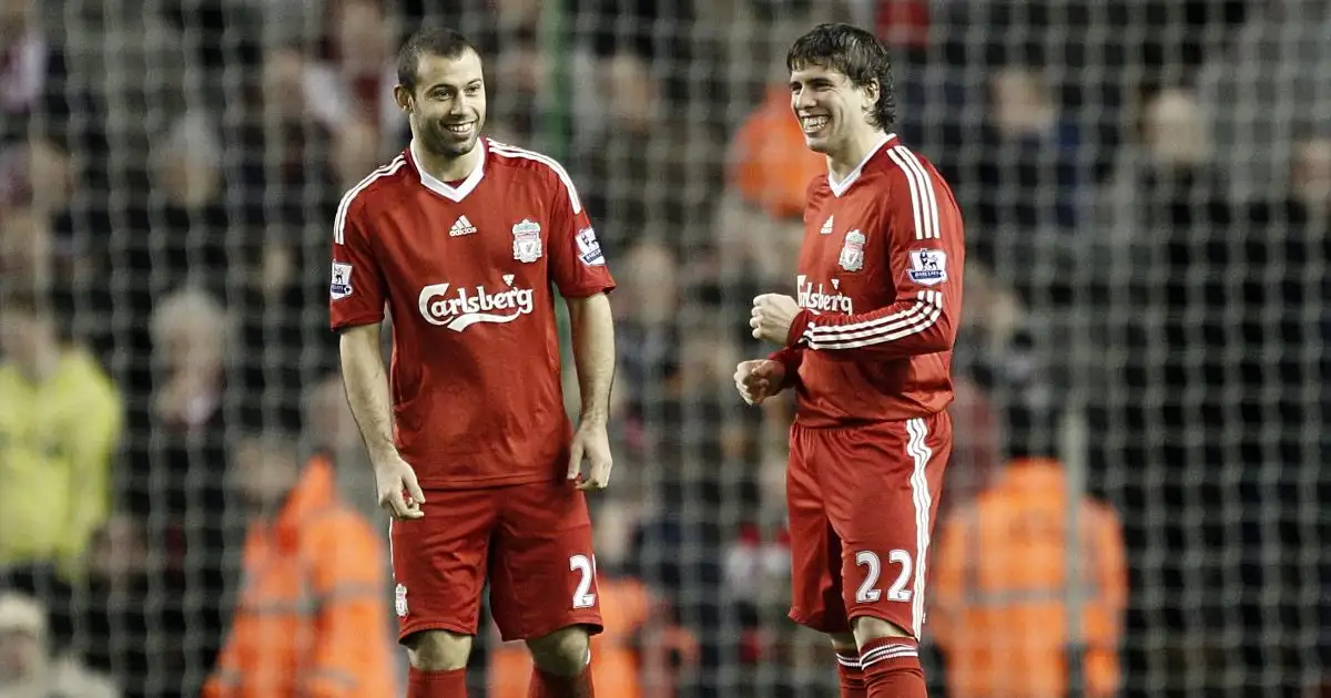Liverpool duo Emiliano Insua and Javier Mascherano share a joke