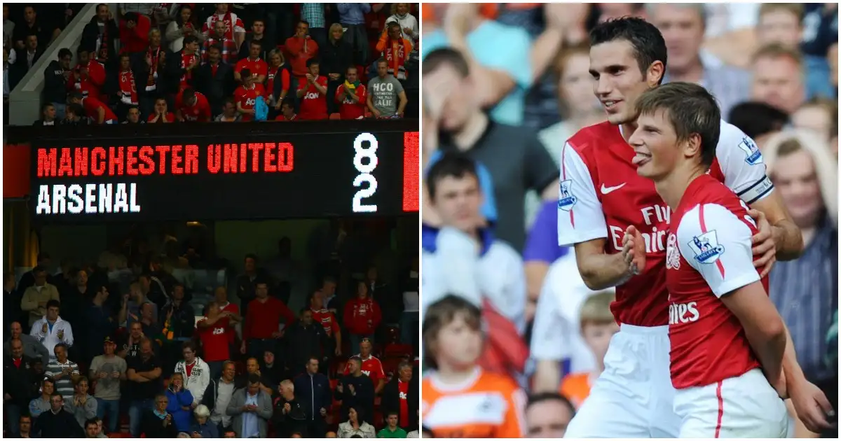 A scoreboard and Robin van Persie celebrating with Andrey Arshavin