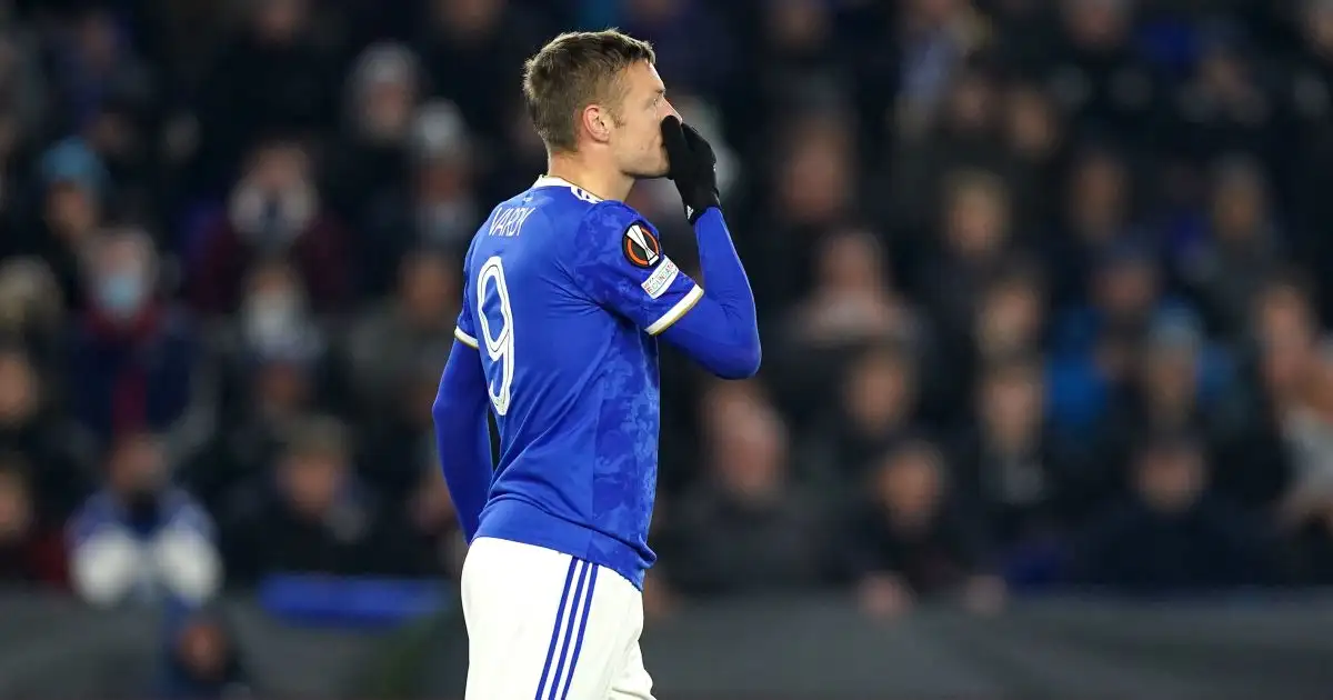 Leicester striker Jamie Vardy reacts after missing a penalty