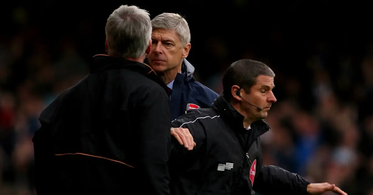 West Ham manager Alan Pardew clashes with Arsenal coach Arsene Wenger