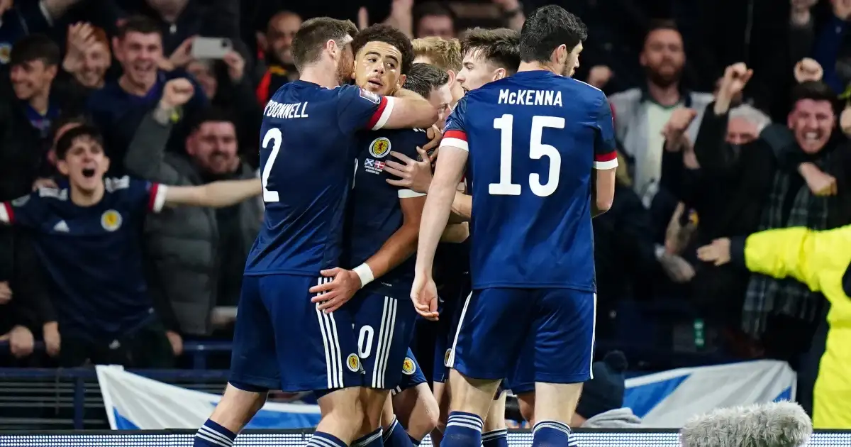 Che Adams celebrates his goal for Scotland in victory over Denmark.