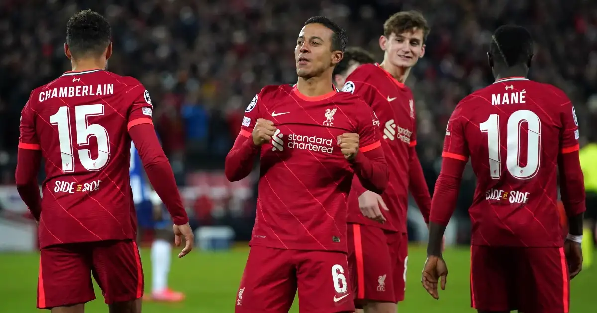 Liverpool midfielder Thiago celebrates his goal