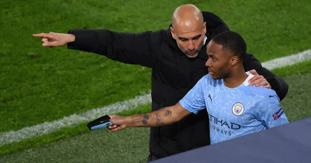 Man City manager Pep Guardiola and winger Raheem Sterling