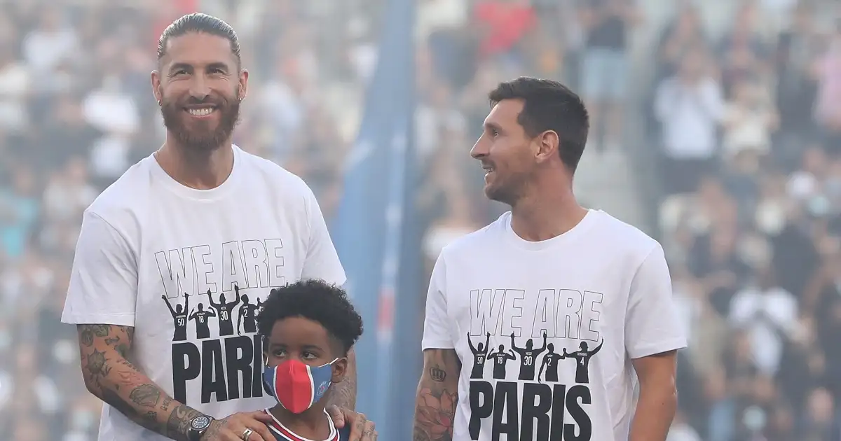 Lionel Messi and Sergio Ramos being presented as PSG players