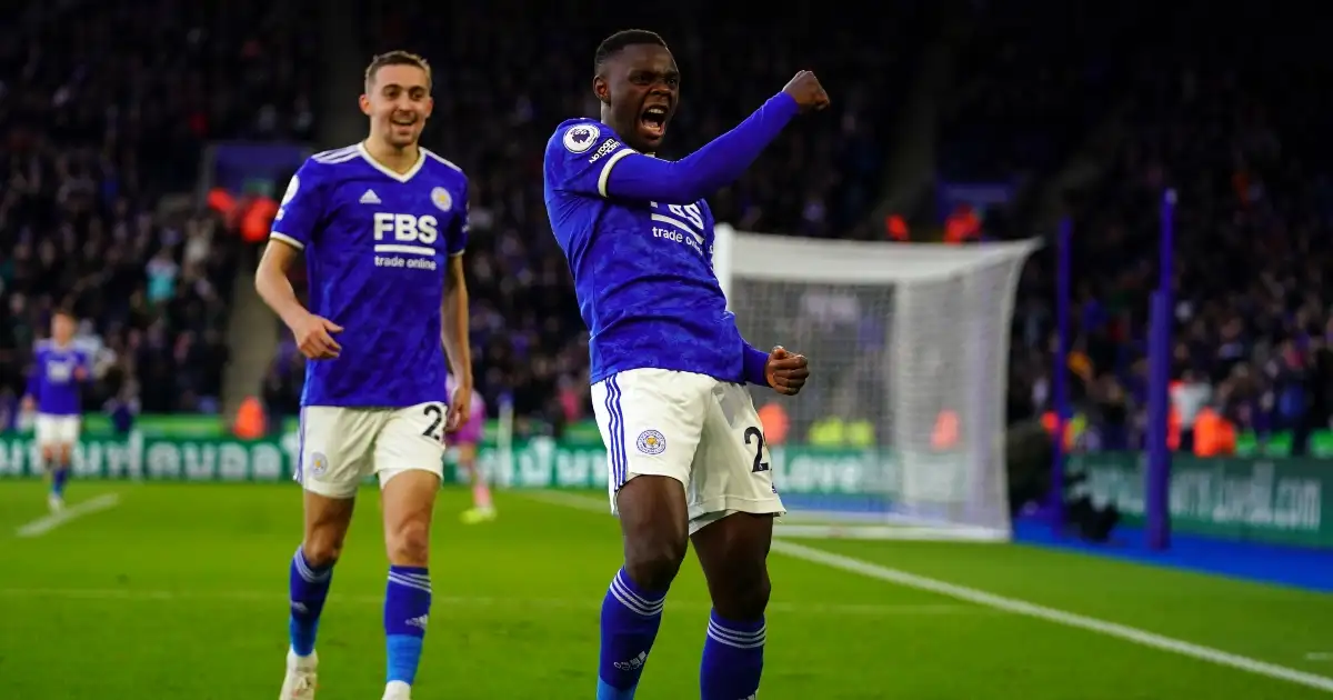 Leicester striker Patson Daka celebrates his goal