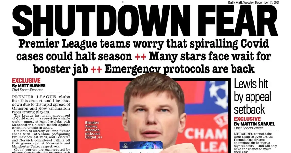 Daily Mail back page on Premier LEague fears