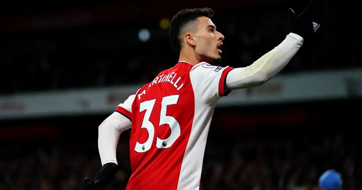 Arsenal attacker Gabriel Martinelli celebrates his goal