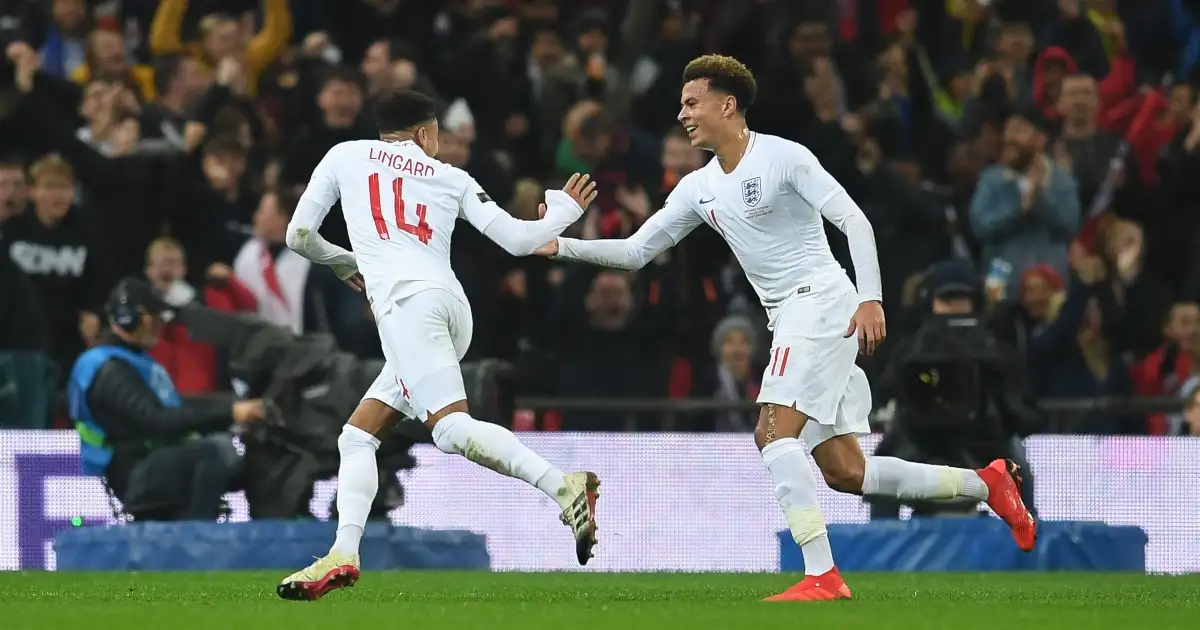 Reported West Ham targets Dele Alli and Jesse Lingard celebrate a goal for England