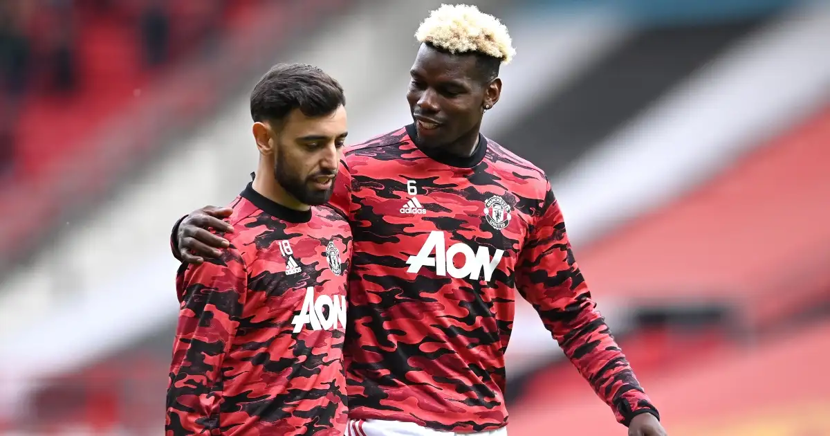 Bruno Fernandes and Paul Pogba in conversation for Man Utd.