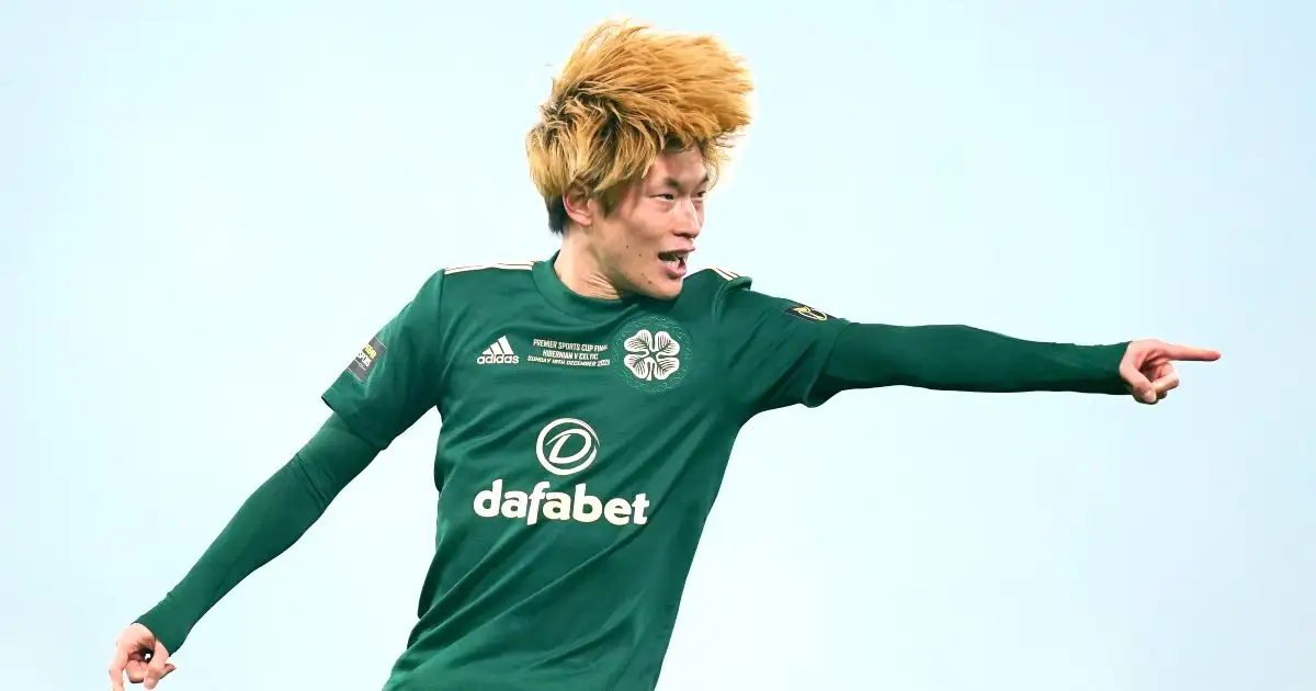 Celtic striker Kyogo Furuhashi celebrates League Cup goal