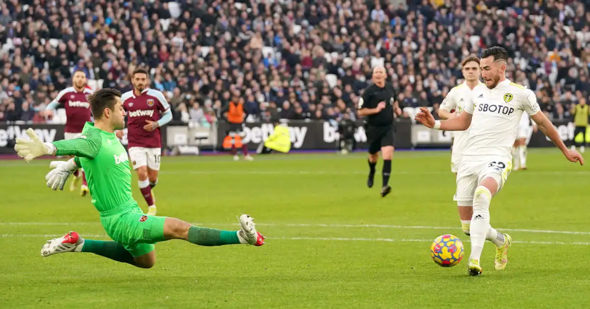 Jack Harrison scores for Leeds at West Ham United