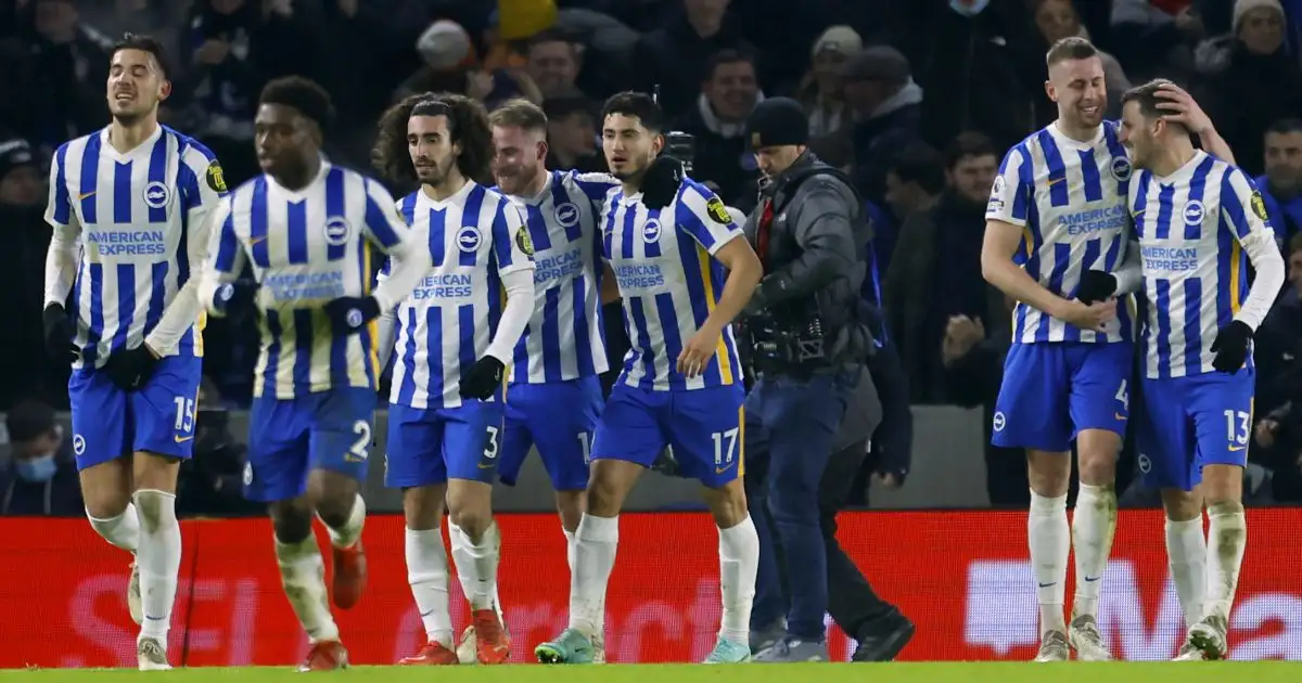 Adam Webster celebrates an equaliser against Chelsea with his Brighton team-mates