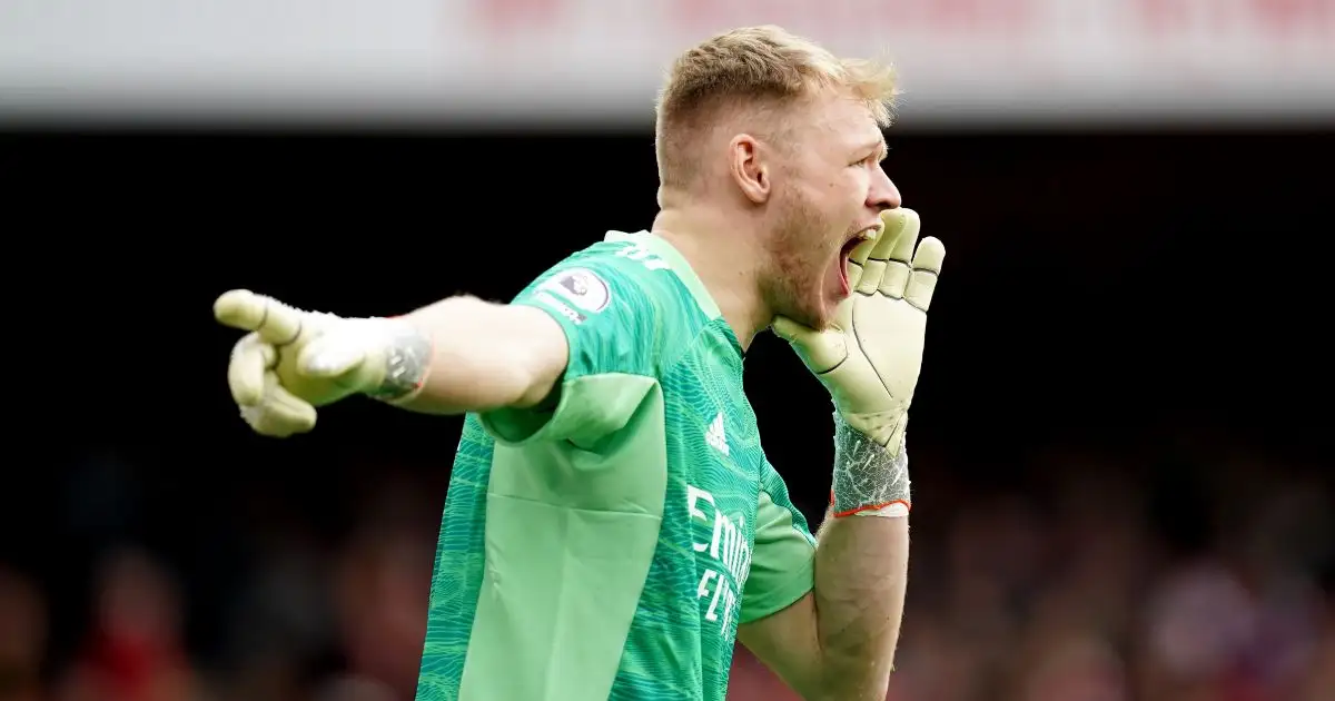 Arsenal goalkeeper Aaron Ramsdale shouts at his defence