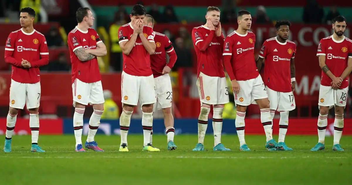 Manchester United players watch the penalty shoot-out defeat to Middlesbrough.