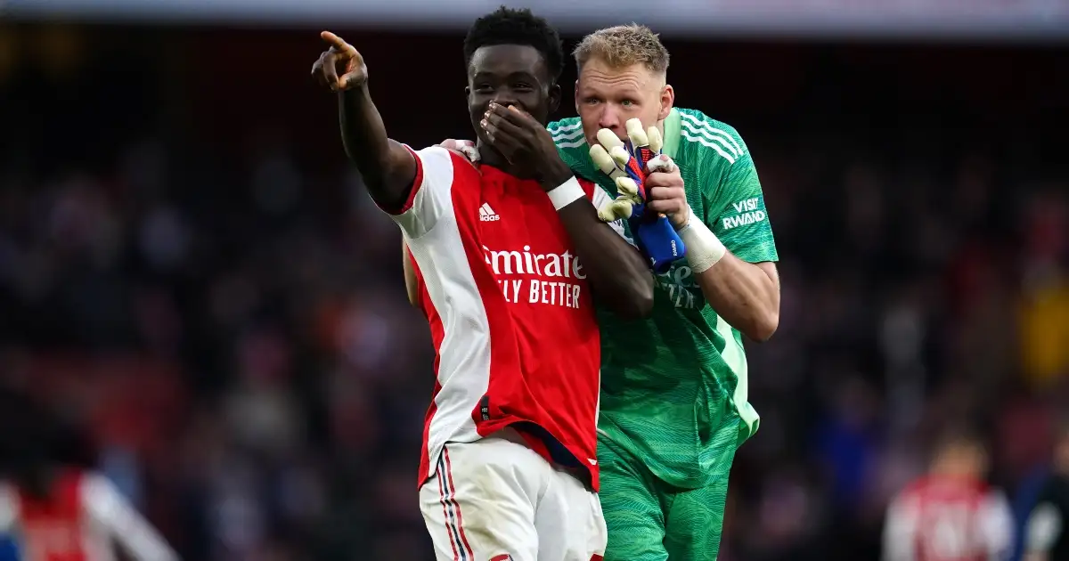 Arsenal duo Bukayo Saka and Aaron Ramsdale celebrate a win