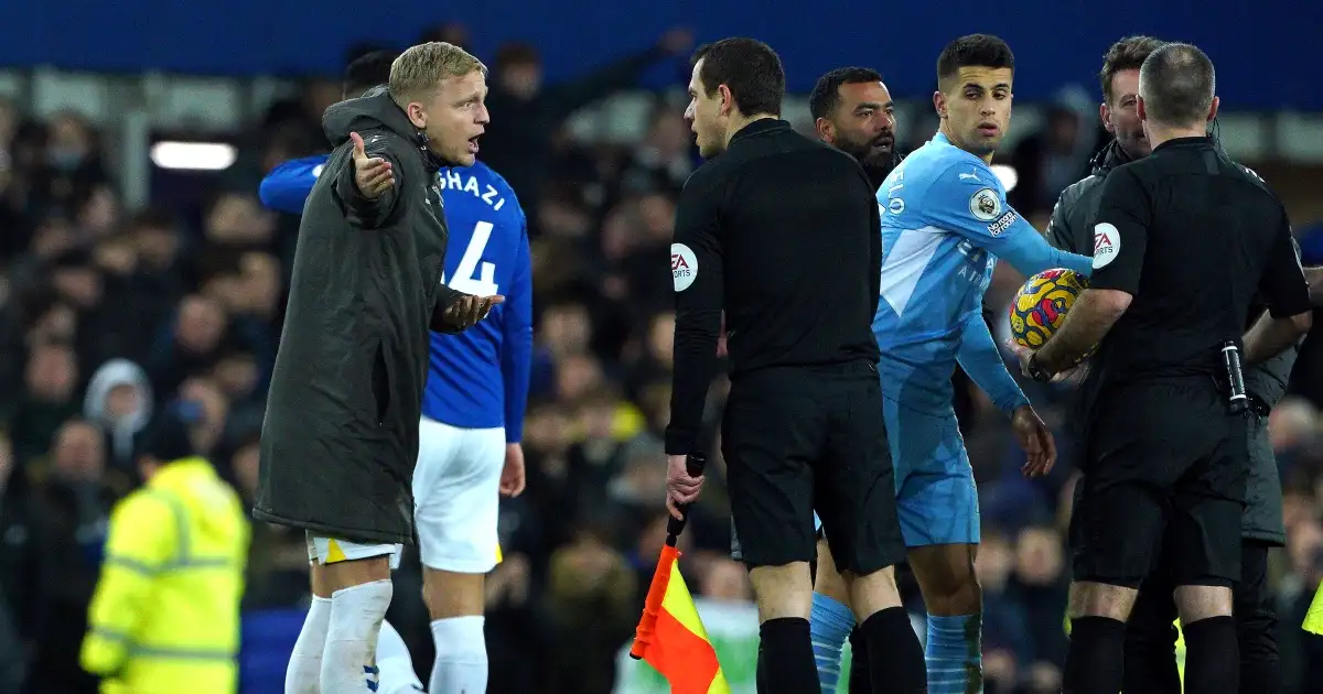 Everton midfielder Donny van de Beek argues with officials