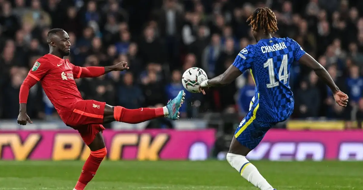 Naby Keita goes to challenge Chelsea defender Trevoh Chalobah for the ball