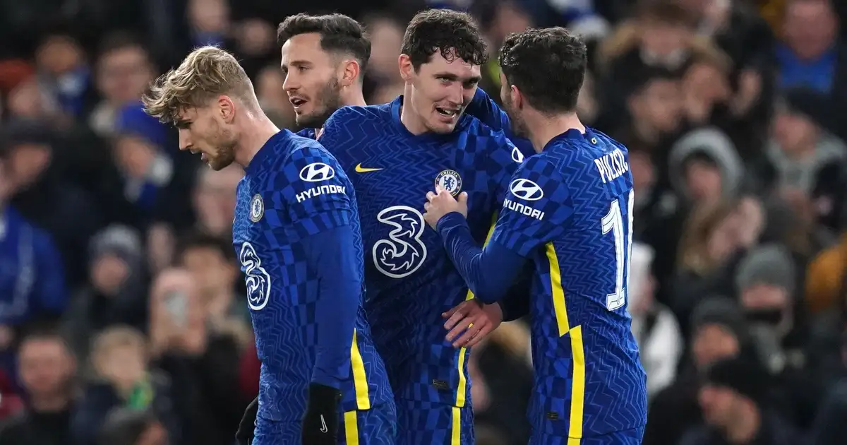 Chelsea defender Andreas Christensen celebrates a goal with his team-mates