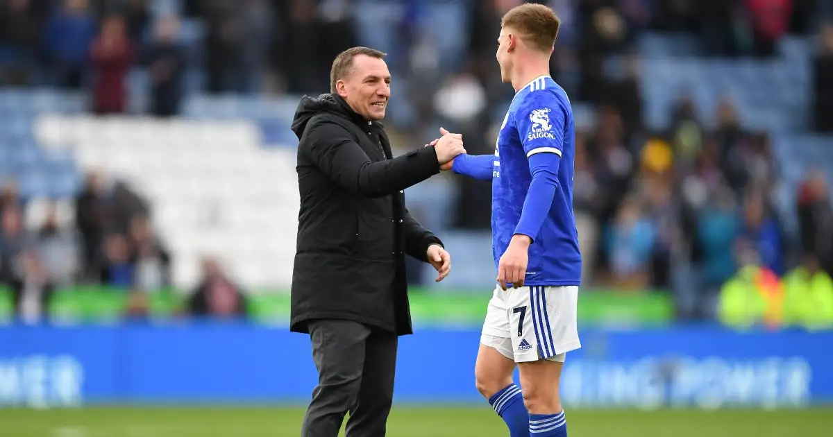 Leicester manager Brendan Rodgers and winger Harvey Barnes