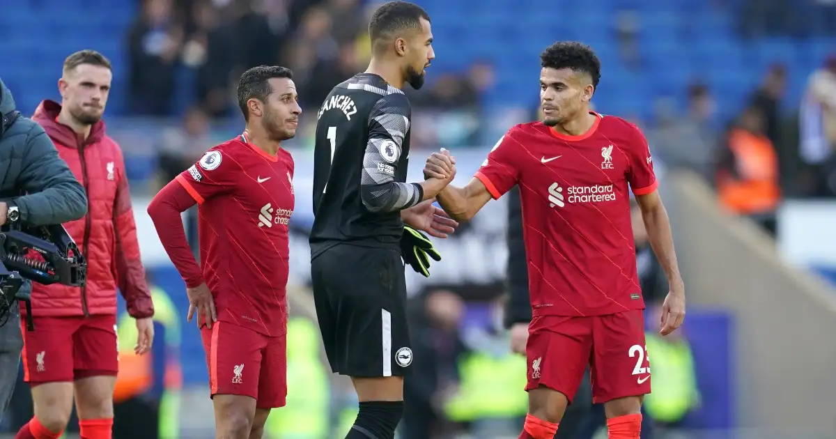 Luis Diaz of Liverpool shakes the hand of Brighton keeper Robert Sanchez.